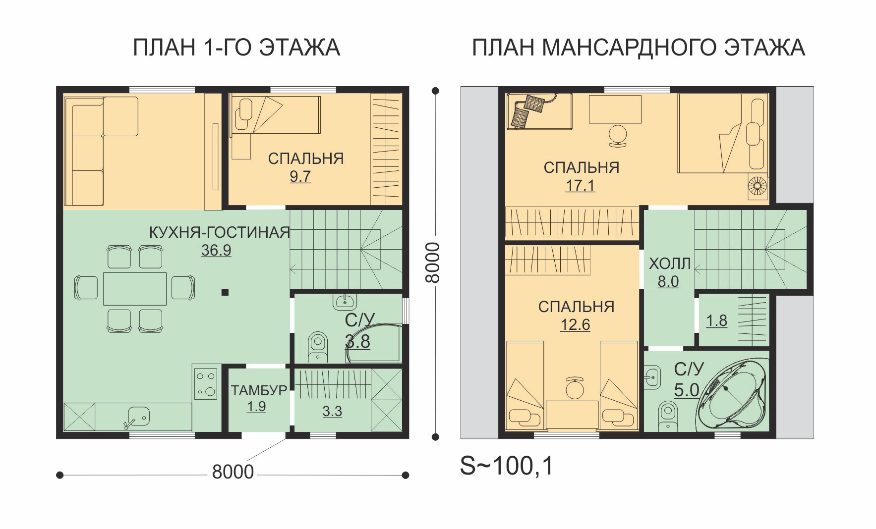 Проект ССК-100М — дом 8х8 100.1 кв.м. — до 100 кв.м. от ССК-ДОМ